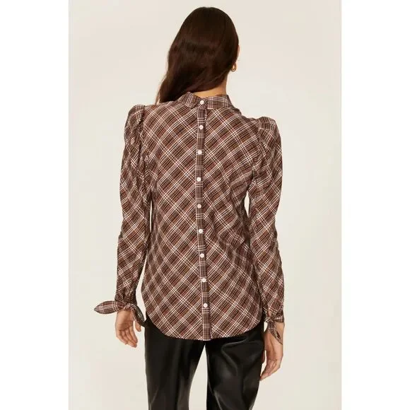 NWOT Veronica Beard Isabel Plaid Button Back Tie Cuff Blouse in Brown Size 2 - Picture 3 of 14